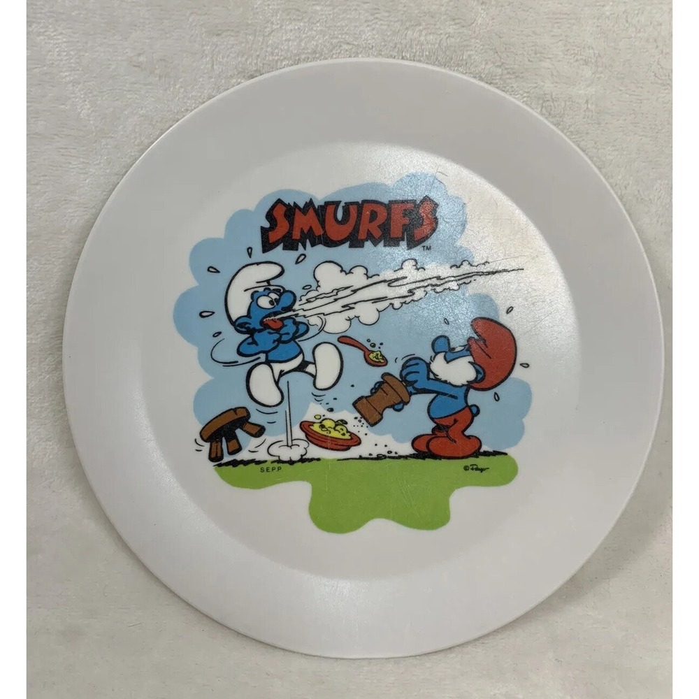 Vintage The Smurfs Melamine Child  Kids Toddler 8" Plate Deka‎ USA Papa Smurf